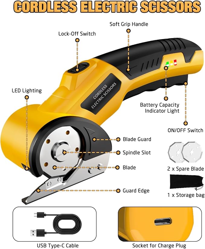 Cordless Electric Scissors: 4V Rechargeable Cardboard Cutter, 3 Blades, Safety Lock & LED Light, Box Cutter for Carton Carpet Plastic Fabric Leather(Yellow）