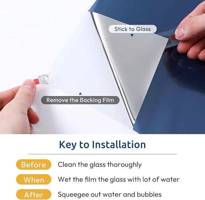 rabbitgoo Window Privacy Film One Way Window Tint for Home, Removable Reflective Heat Sun Blocking Anti UV Glass Door Covering, Mirror Tinting Film House Office, 23.6 in X 9.8 Feet, Blue Silver
