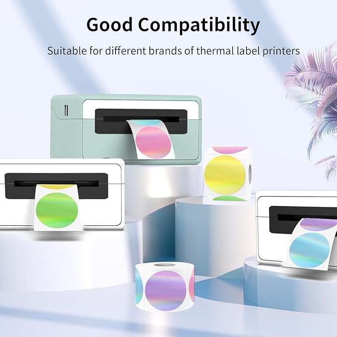 Holographic Thermal Labels Stickers 1.5 inch, Glitter Round Direct Thermal Stickers Label, Perforation Line Design (350 Sheets, 5 Colors)