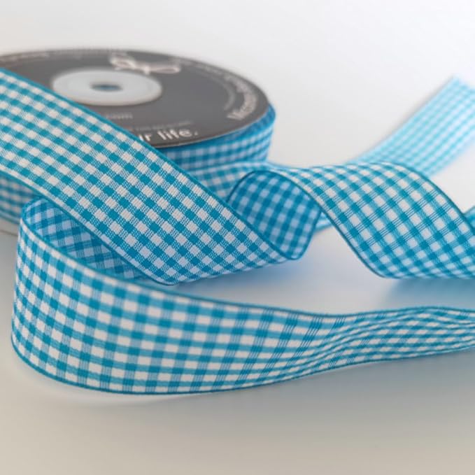 Micomon 1-Inch Vivid Blue and White Woven Edge Plaid Ribbon Polyester Gingham Ribbon 25 Yards Each Roll (1",Vivid Blue)