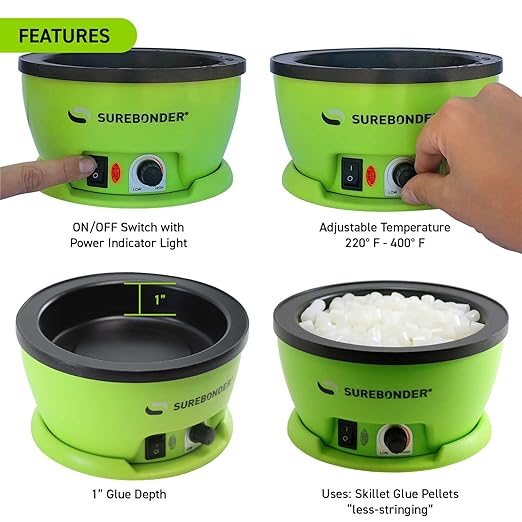 Surebonder 803 Electric Hot Glue Skillet, Adjustable Temperature 225-400°F, 5.25-Inch Diameter, 1-Inch Depth, Dip Crafts Directly Into Pot of Hot Glue, Green and Black