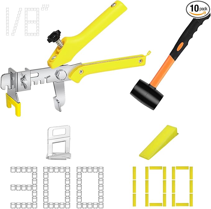 Storystore Tile Leveling System with Tile Pliers and Hammer - 300 Piece Tile Spacers Clips and 100 Piece Reusable Wedges, 1/8 Inch Tile Installation Tools Kit