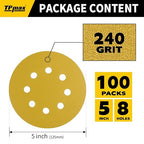 100PCS 5 Inch 240 Grit 125mm 8 Hole Sanding Discs Sandpaper - Premium Gold Round Hook and Loop for Random Orbital Sander - Ideal for Wood, Metal, Automotive