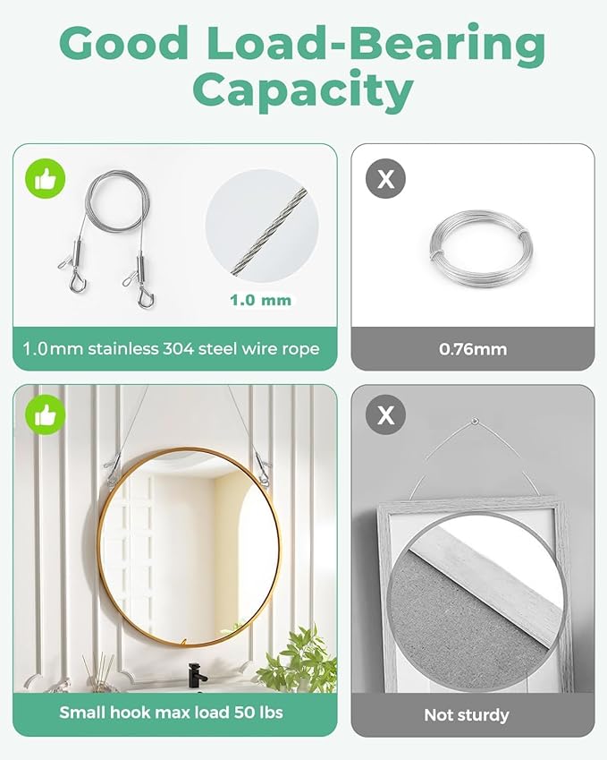 Picture Hanging Wire Kit, 4Pcs Adjustable Frame Wire 2m x 1mm Small Hooks Heavy Duty 50lbs, 8pcs 3-Hole D Rings Picture Hangers with Screws, for Canvas Paintings/ Mirrors/ Frames