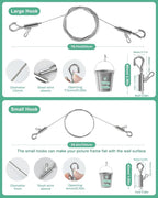 2PCS Picture Hanging Wire Adjustable 1m x 1mm Small Hooks, Picture Frame Wire Kit Heavy Duty 50lbs, Stainless Steel for Art, Mirror, Light Lamp, Billboards, Basket Flowerpot