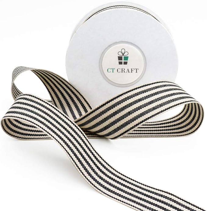 CT CRAFT LLC Ivory Cotton Black Stripes Ribbon 1" x 10 Yards for Home Décor Gift Present Wrapping DIY Crafts Birthday Wedding Bouquet Christmas