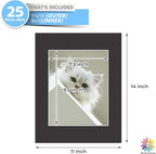 Mat Board Center, Pack of 25, 11x14 for 8x10 Black Mats - Acid Free, 4-ply Thickness, White Core - for Pictures, Photos, Framing