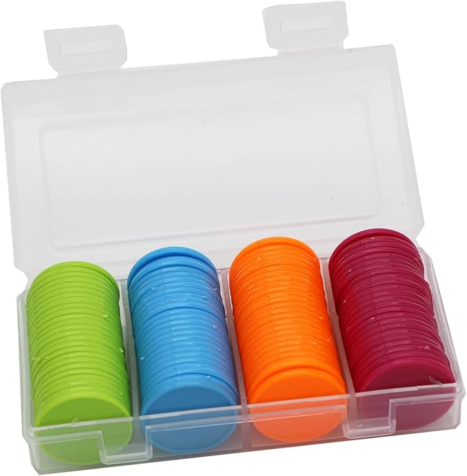 Set of 100 Opaque Plastic Learning Counters Mini Poker Chips Game Tokens with Storage Box (Mediumvioletred+Lawngreen+Deepsky Blue+Orange, 1.26 Inch)