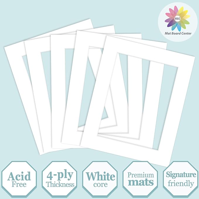 MBC Mat Board Center, 5 Pack 8x10 for 6x8 White Picture Mats Frame Mattes, Bevel Cut, Acid Free, 4-ply Thickness