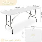 Set of 2 Folding Table 5 FT Camping Table Portable Heavy Duty Plastic Rectangular Outdoor Dining Table Steel Legs Fold-in-Half with Carrying Handle for Indoor,Picnic,Party,Wedding,Events(White)