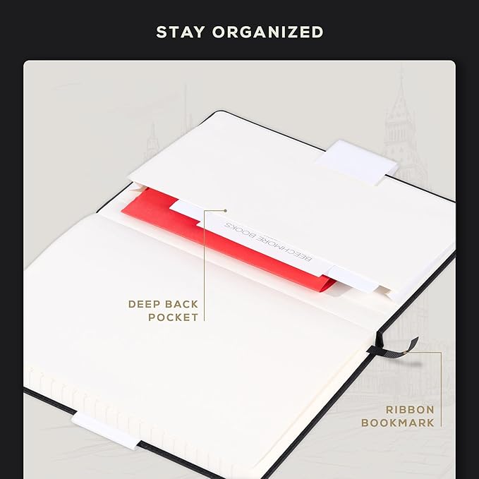 Beechmore Books A5 Sketch Book – 5.8"x8.3" Premium Vegan Leather Hardcover Sketchbook, 96 Thick 300gsm Perforated Ivory Pages, Ideal for Sketching, Watercolor & Mixed Media, Includes Back Pocket