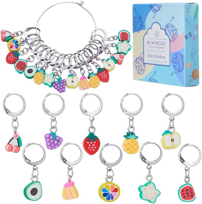 SUNNYCLUE 1 Box 40Pcs Stitch Markers Locking Crocheting Markers Knitting Fruit Polymer Clay Beads Cute Removable Clip on Charm Leverback Clasps Crochet Stitch Markers for Yarns Knit Crocheting Sewing
