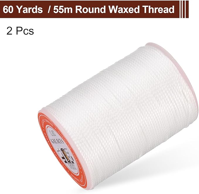 uxcell Round Leather Sewing Waxed Thread, 55m / 60 Yards Polyester Wax String, 0.80mm Wax Stitching Cord for Leather Crafts, Bookbinding, Bracelets Braided, White, 2pcs