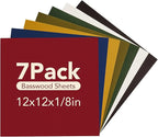 ROBOTIME 7-Pack Double-Sided Colored 1/8" Plywood Sheets - 12 x 12 x 1/8 Inch - Roller-Coated Solid Color 3mm Craft Wood Sheets for Laser Cutting - Assorted Colors - WB122