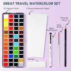 MeiLiang Watercolor Paint Set 52 Colors in Half Pans with Drawing Pencil, Paint Brushes, 5 Watercolor Paper, Sponge, Black Drawing Pens, Art Supplies for Adults Travel Watercolor & Purple Box