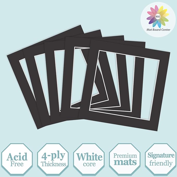 MBC Mat Board Center, 5 Pack 10x10 for 8x8 Black Picture Mats Frame Mattes, Bevel Cut, Acid Free, 4-ply Thickness