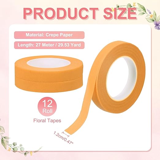 MECCANIXITY 12 Rolls Floral Tapes, 30 Yard x 1/16 in Florist Crepe Flowers Bouquets Tape Adhesive Waterproof for Flower Arranging Wrapping, Orange