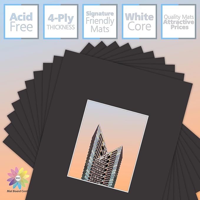 MBC MAT BOARD CENTER, 10 Pack 16x20 for 8x10 Black Picture Mats Frame Mattes, Bevel Cut, Acid Free, 4-ply Thickness