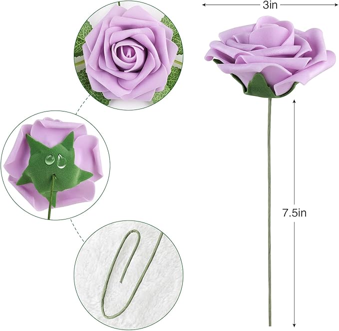 AmyHomie 25pcs Real Looking Artificial Lavender Roses w/Stem for DIY Wedding Bouquets Centerpieces Arrangements Party Baby Shower Home Decorations