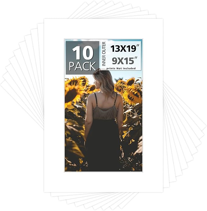 Mat Board Center, Pack of 10, 13x19 for 9x15 White Photo Picture Mats - Acid Free, 4-ply Thickness, White Core - for Pictures, Photos, Framing
