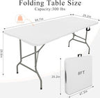 Set of 2 Folding Tables with Carrying Handle Heavy Duty Rectangular Portable Plastic Camping Table Steel Legs for Party, Dining, Wedding, Events, Picnic Indoor, Outdoor (8FT, White)