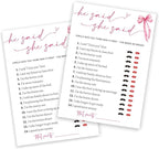 Wedding Shower Games Cards, Guest Who Said It, He Said She Said Game Cards, Bridal Shower Games 25 Guests, Engagement Party Wedding Games for Guests, Pink Ribbon Bow Wedding Party Supplies - E07
