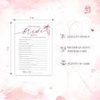 Wedding Shower Games Cards, Who Knows The Bride Best, Bridal Shower Games 25 Guests, Engagement Party Wedding Games for Guests, Pink Ribbon Bow Wedding Party Supplies - E03