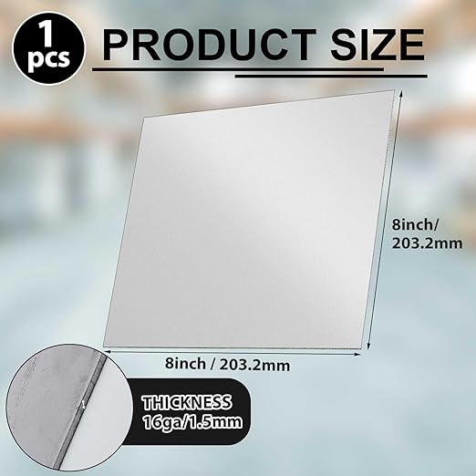 1 Pcs 16 Gauge 8 x 8 Inch Metal Steel Sheet Steel Plate Mild Carbon Cold Rolled Square Weldable Metal Panels for Outside Industrial DIY Use Projects Weld Accessories