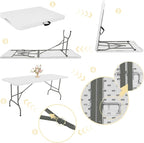 HAISIWLKJ Folding Table 8 FT Camping Table Portable Heavy Duty Plastic Rectangular Outdoor Dining Table Steel Legs Fold-in-Half with Carrying Handle for Indoor,Picnic,Party,Wedding,Events(White)