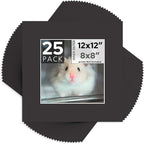 Mat Board Center, Pack of 25, 12x12 for 8x8 Black Mats - Acid Free, 4-ply Thickness, White Core - for Pictures, Photos, Framing