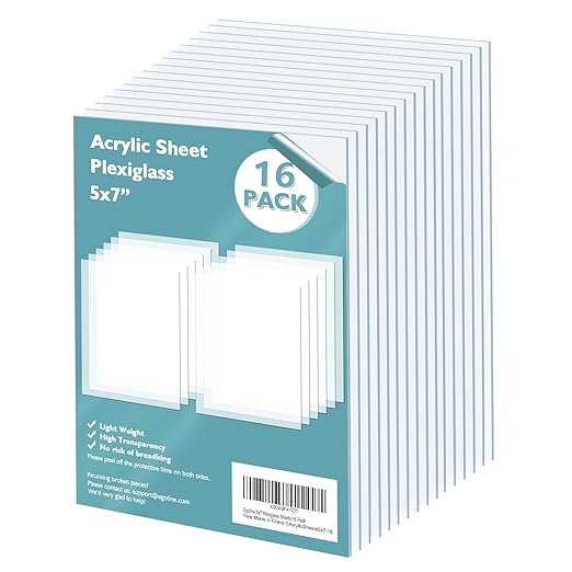 Egofine Plexiglass Sheets Acrylic Sheets 16 Pack of 5x7’’ 0.04 Thick Clear Plastic Cast Transparent Plexi Glass for Crafting Projects, Replacement Picture Frame Glass, DIY Display, Easy to Cut