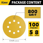 100PCS 5 Inch 800 Grit 125mm 8 Hole Sanding Discs Sandpaper - Premium Gold Round Hook and Loop for Random Orbital Sander - Ideal for Wood, Metal, Automotive