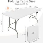 Set of 2 Folding Tables with Carrying Handle Lightweight Rectangular Portable Plastic Camping Table Steel Legs for Party, Dining, Wedding, Events, Picnic Indoor, Outdoor (6FT, White)