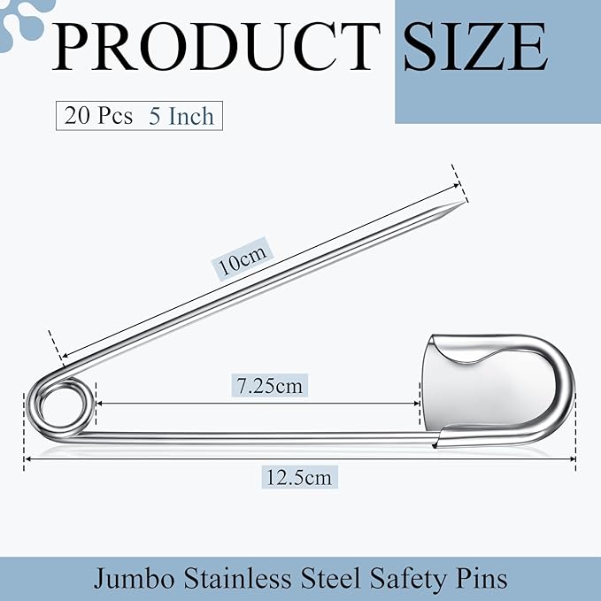 Juexica 20 Pcs 5 Inch Jumbo Stainless Steel Safety Pins Large Heavy Duty Huge Strong Laundry Pins for Upholstery Sewing Quilting Key Rings Craft Outdoor (Silver)