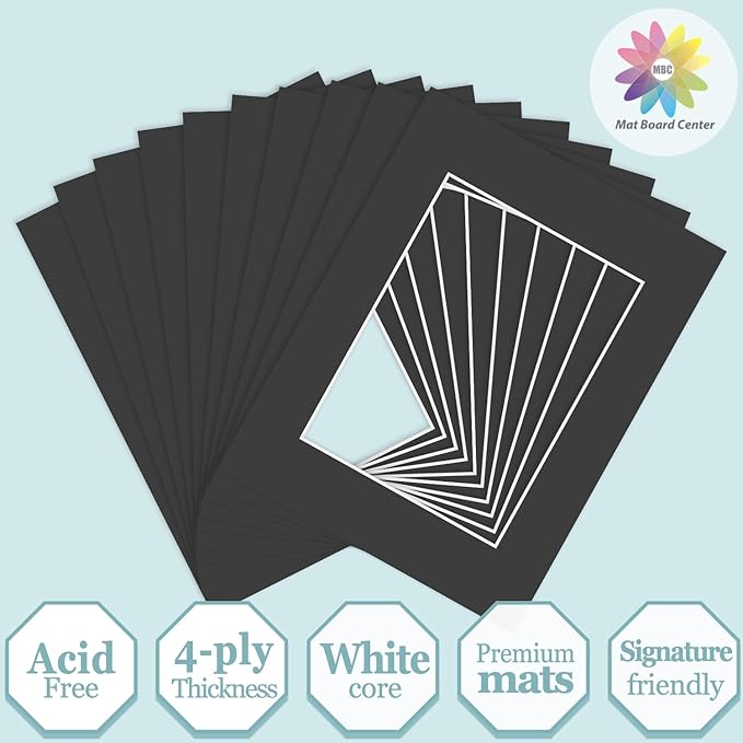 MBC MAT BOARD CENTER, 10 Pack 8.5X11 for 6X8 Black Picture Mats Frame Mattes, Bevel Cut, Acid Free, 4-Ply Thickness