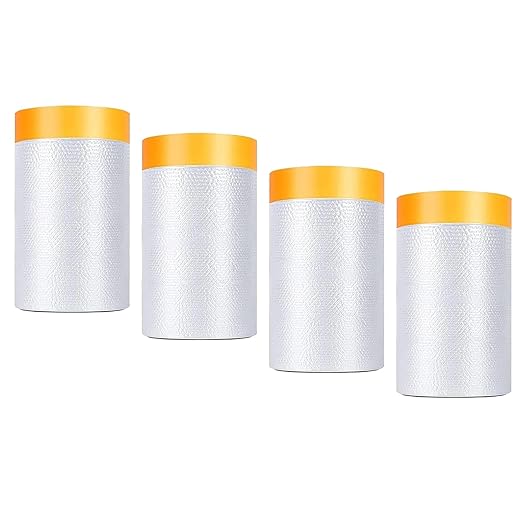 Pre-Taped Masking Film 22" x 66' for Painting,Plastic Automotive Tape and Drape,Paint Protection Film with Built-in Tape, Drip-Free Painting for Cars,Walls, Floors, Furniture（4 Rolls）