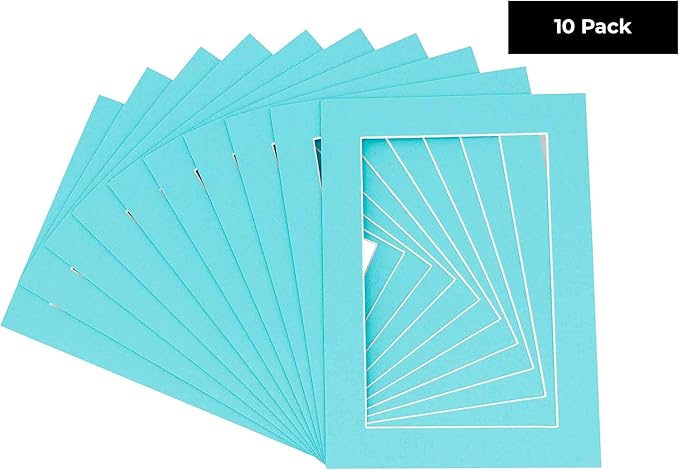 Pack of Ten 8.5x11 Mats Bevel Cut for 7x9 Photos - Acid Free Aquamarine Blue Precut Matboards for Pictures, Photos, Framing - 4-ply Thickness