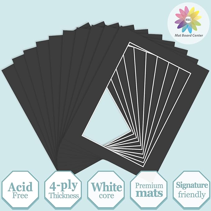MBC Mat Board Center, 10 Pack 11X14 for 8X12 Black Picture Mats Frame Mattes, Bevel Cut, Acid Free, 4-Ply Thickness