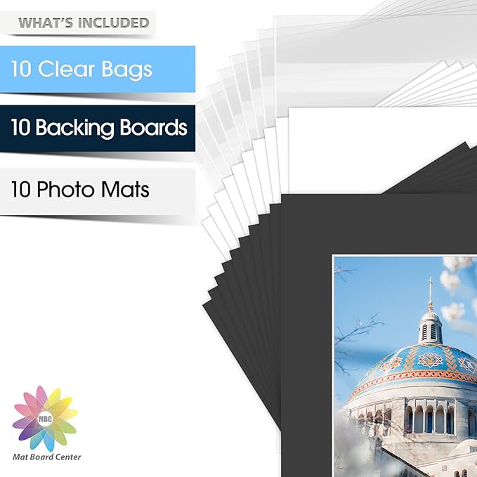 Mat Board Center, Pack of 10, 16x20 for 11x14 Black Picture Mat Sets - Acid Free, 4-ply Thickness, Bevel Pre-Cut White Core - Includes Backing Boards and Clear Bags - for Pictures, Photos, Framing