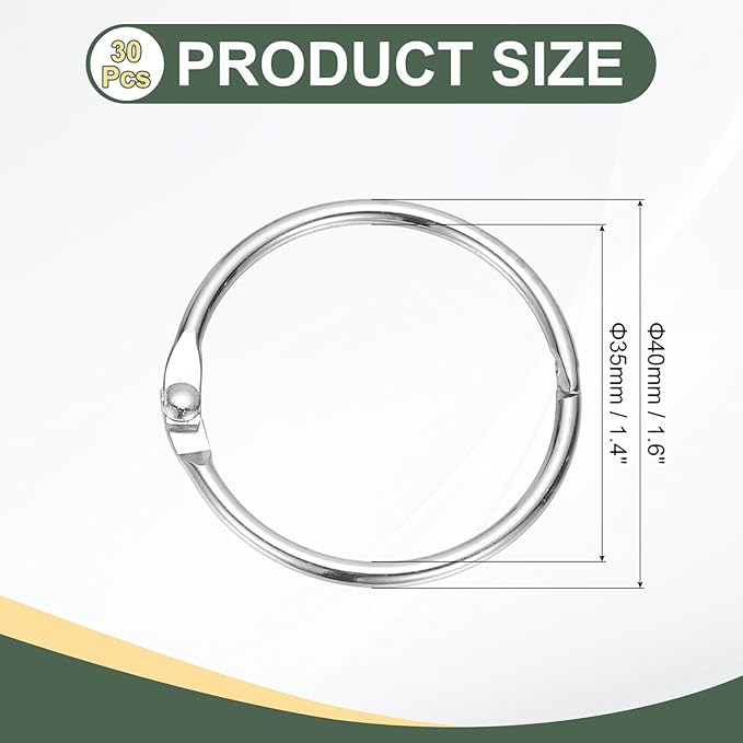 PATIKIL 1.4" x 1.6" Loose Leaf Binder Rings, 30 Pcs Metal Book Rings Nickel Keychain Ring for Paper Index Cards Flash Card Notebook Rings Office Home Book Binder, Silver Tone