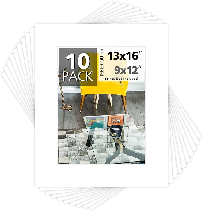 Mat Board Center, Pack of 10, 13x16 for 9x12 White Photo Picture Mats - Acid Free, 4-ply Thickness, White Core - for Pictures, Photos, Framing