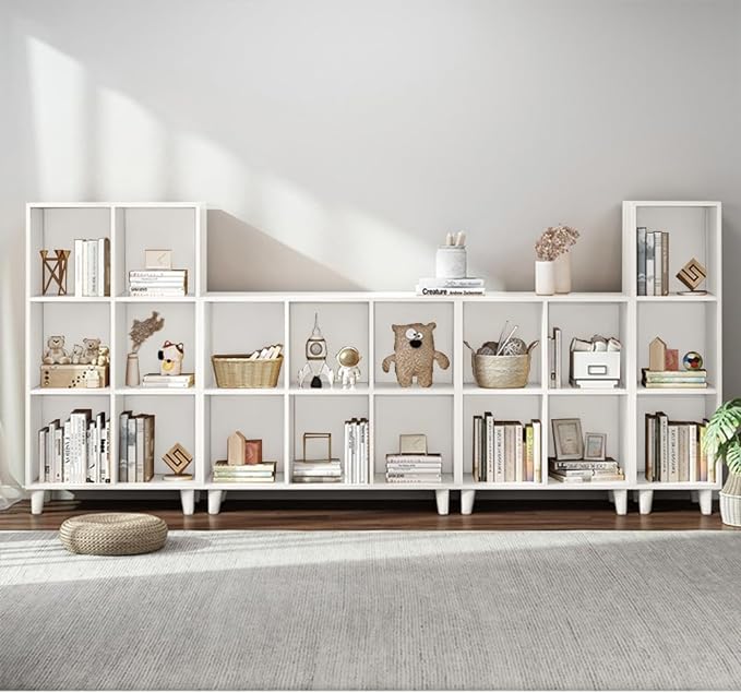 IOTXY Open Cube Low Bookcase - 3-Tier Freestanding Storage Display Cabinet Organizer with Legs for Home Office, 8-Cubes Open Shelf Short Bookshelf, White