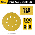 100PCS 5 Inch 180 Grit 125mm 8 Hole Sanding Discs Sandpaper - Premium Gold Round Hook and Loop for Random Orbital Sander - Ideal for Wood, Metal, Automotive