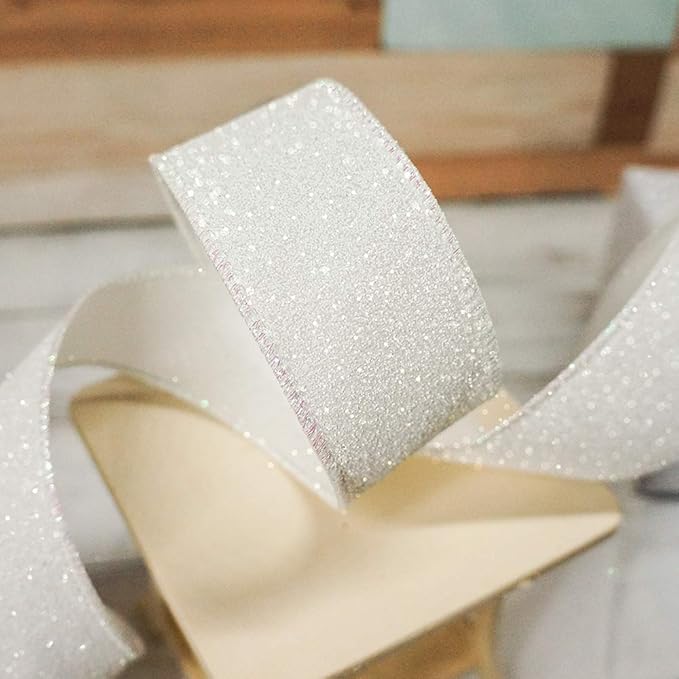 CT CRAFT LLC Glitter Wired Ribbon 1.5" x 10 Yards White for Christmas Home Decor Bow Gift Wrapping DIY Crafts Wreath