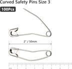 100Pcs Curved Safety Pins Size 3, 2" / 50mm Quilting Basting Pins, Bent Safety Pins for Quilting and Knitting (Sliver)