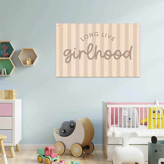 Long Live Girlhood Banner, Playroom Banner, Canvas Wall Hanging Flag Decor for Nursery Playroom Toddler Room, Girl Kids Room Decor Pink