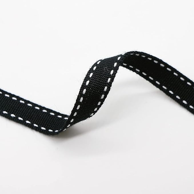CT CRAFT LLC Black Cotton White Stitched Ribbon 3/8" x 10 Yards for Home Décor Gift Present Wrapping DIY Crafts Birthday Wedding Bouquet Christmas