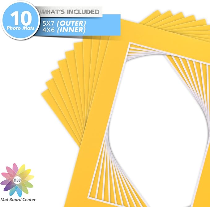 Mat Board Center, Pack of 10, 5x7 for 4x6 Deep Yellow Color Mats - Bevel Cut, Acid Free, 4-ply Thickness, White Core - for Pictures, Photos, Framing