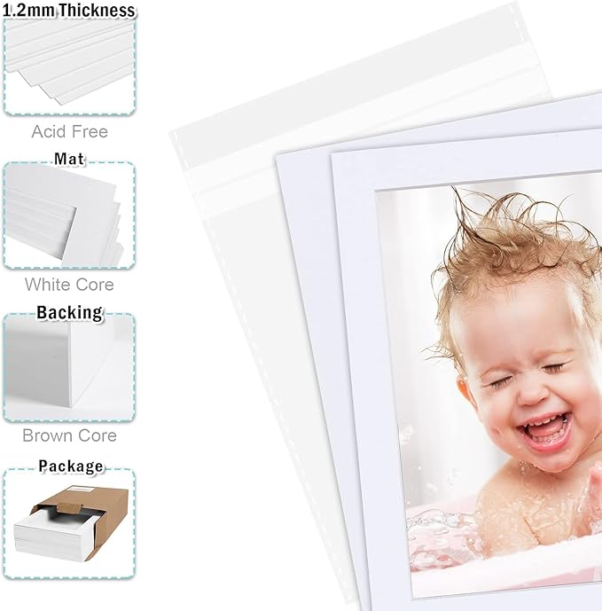 Egofine Pack of 5 White Pre-Cut 5x7 Picture Mat for 4x6 Photo with White Core Bevel Cut Mattes Sets. Includes 5 High Premier Acid Free Mats & 5 Backing Board & 5 Clear Bags