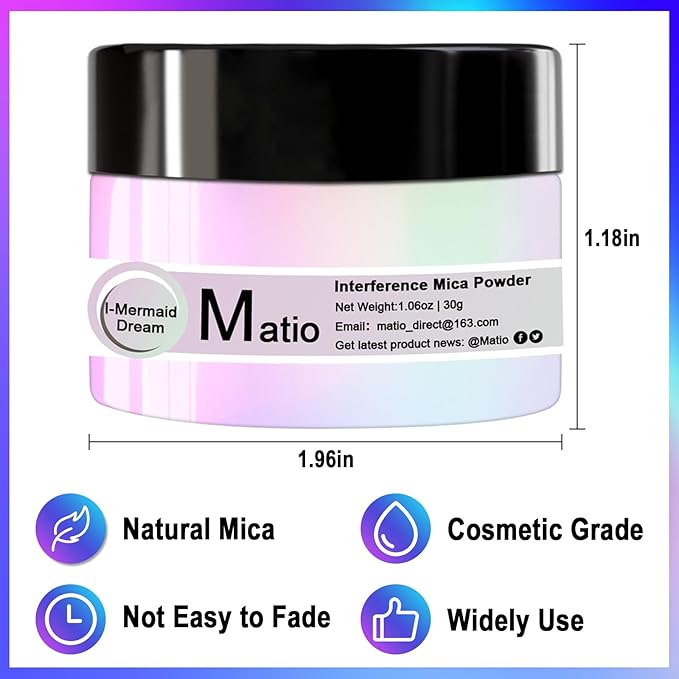 Matio Interference Mica Powder, 1.06oz/ 30g Sunset Aurora Chrome Powder, Pearlescent Effect Color Shift Pigment for Epoxy Resin, Makeup Shimmer, Nail Polish,Soap Dye,Candle Making,Paint,Slime